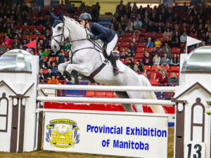 Horse and jockey competing in Show Jumping competition during the Horse Show at the Royal Manitoba Winter Fair, Brandon, Manitoba